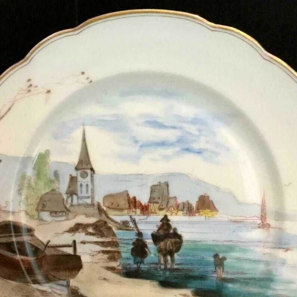 Antique Hand Painted Plate Fischer Mieg Village Water Scene